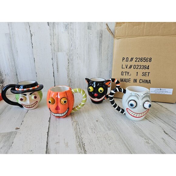 Lillian vernon Google eyes Halloween mug cup witch pumpkin cat ghost set shabby